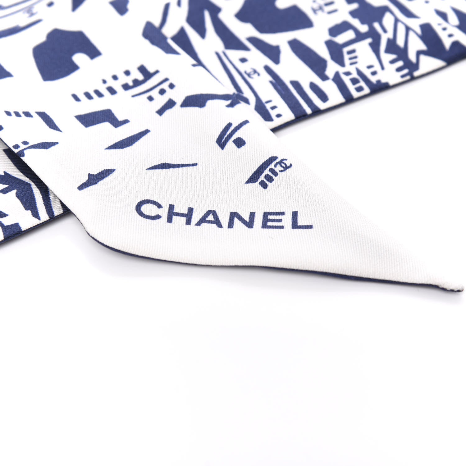 Chanel Silk Twill Slim Bandeau Scarf Navy Blue White 3 of 3
