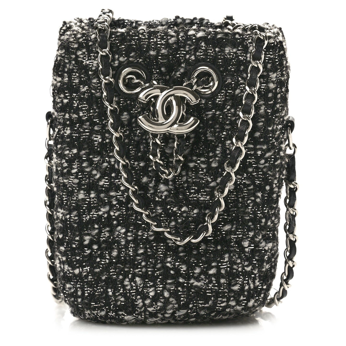 Tweed Mini Bucket Drawstring Bag Black Silver