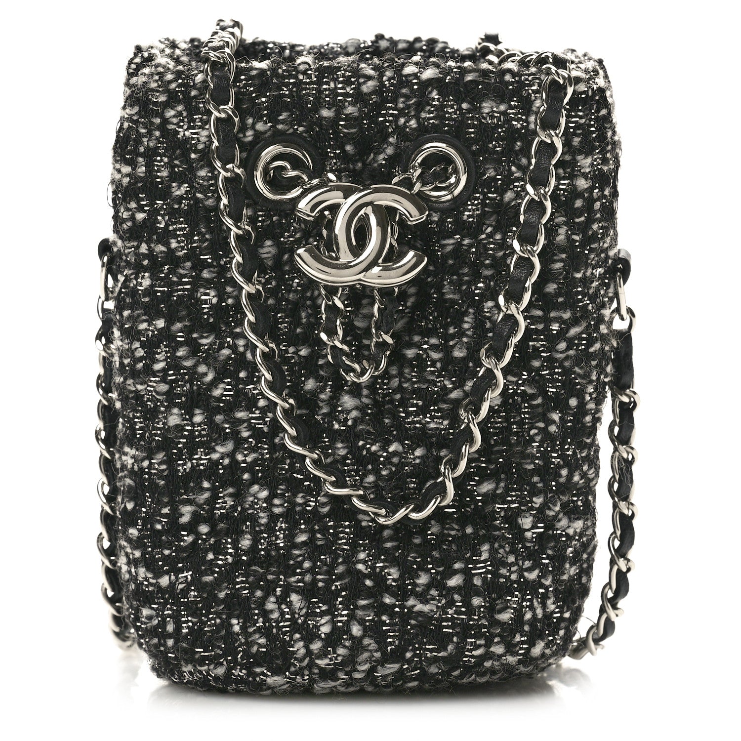 Chanel Tweed Mini Bucket Drawstring Bag Black Silver 1 of 10