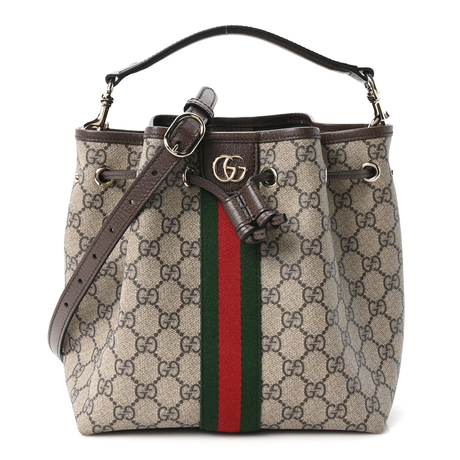 Gucci GG Supreme Monogram Web Small Ophidia Top Handle Bucket Bag Brown 1 of 10