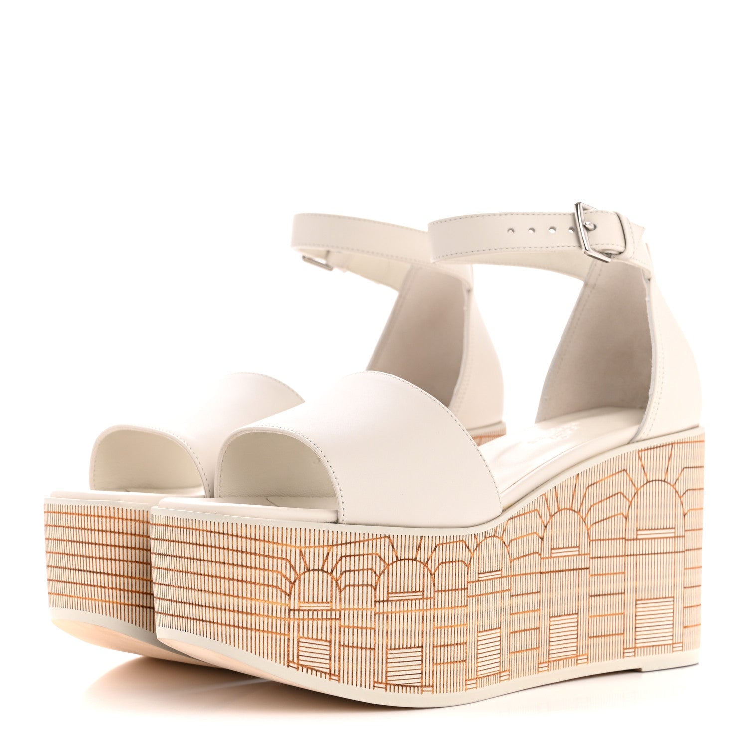 Hermes Calfskin Illusion 35 Wedge Sandals 36.5 Blanc De Paris 4 of 10
