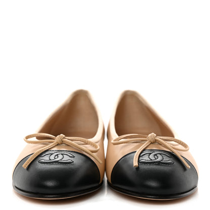 Chanel Lambskin Cap Toe CC Ballerina Flats 37 Beige Black 2 of 9