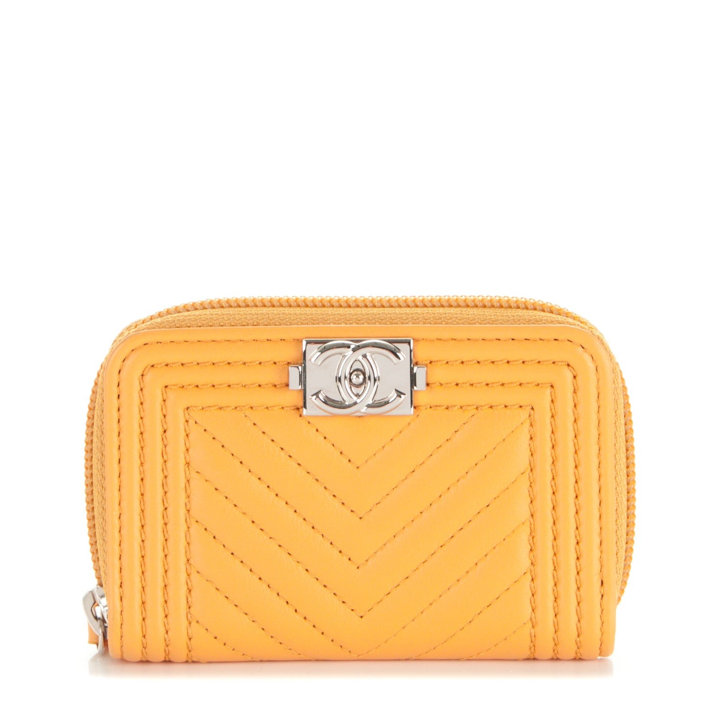 Calfskin Chevron Zip Around Boy Coin Purse Wallet Yellow