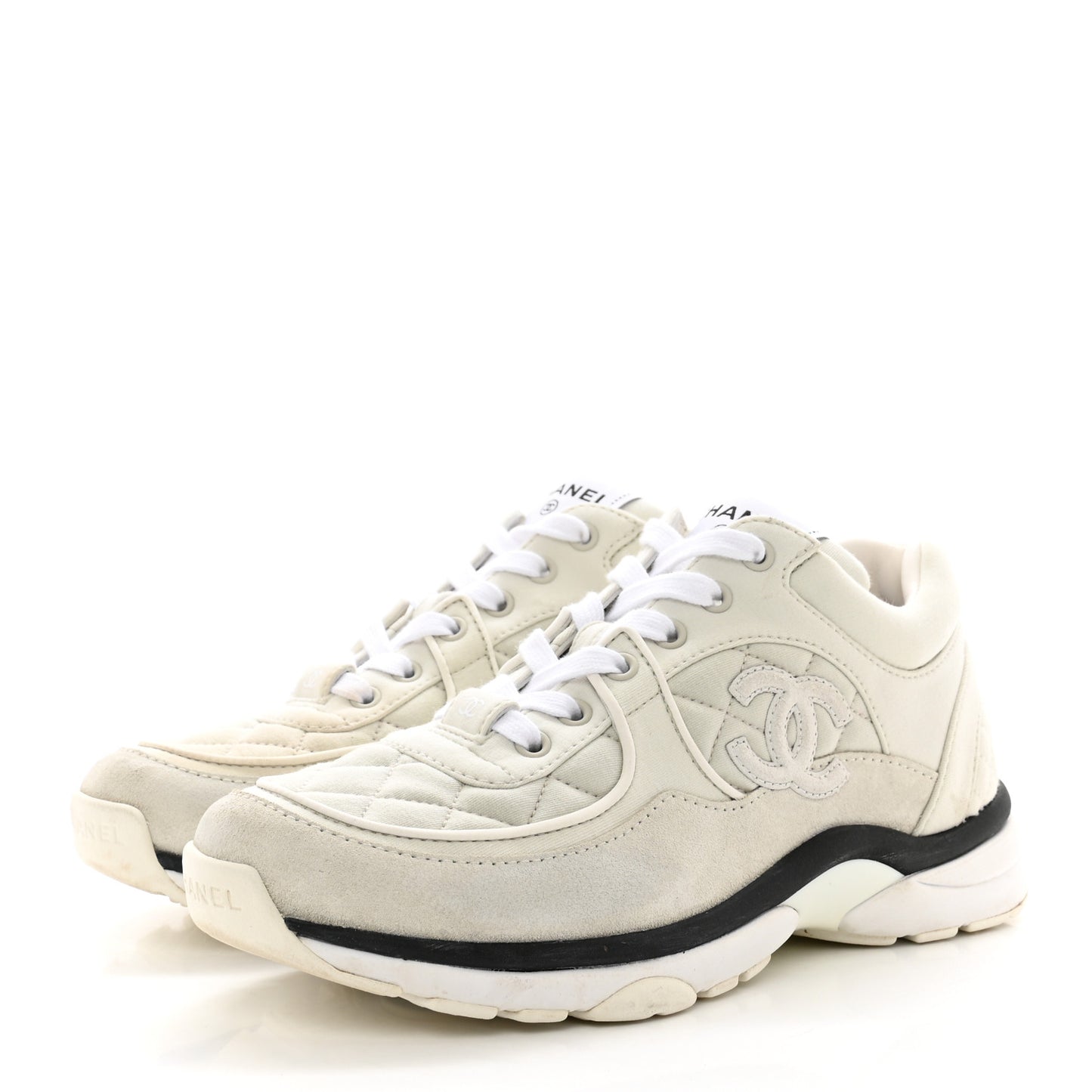 Fabric Suede Calfskin Quilted CC Sneakers 37 White