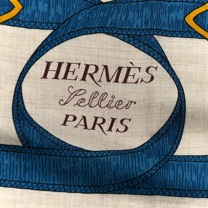 Hermes Cashmere Silk Eperon Eperon D'Or Shawl 140 Bleu Cobalt Naturel Vieil Or 2 of 5