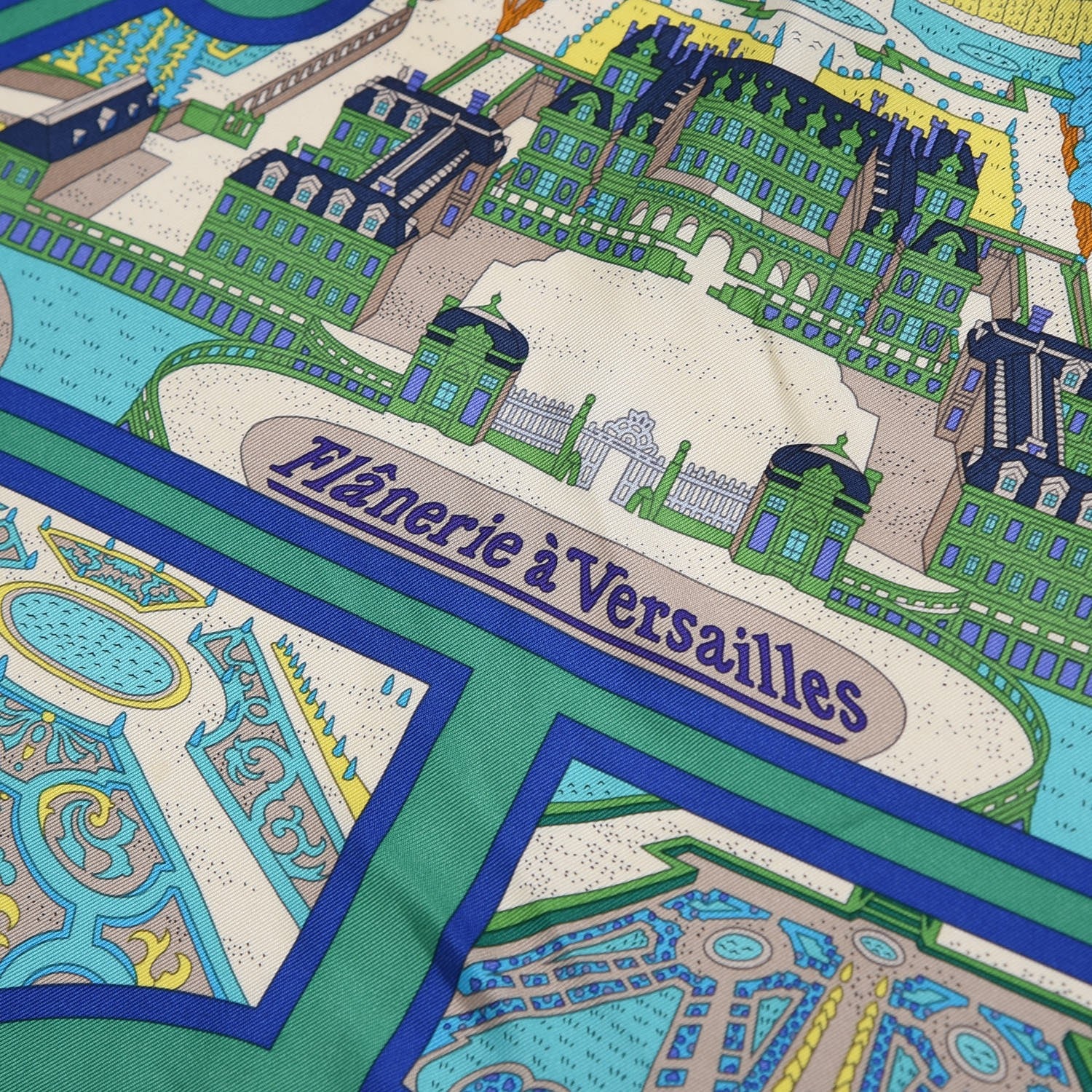 Hermes Silk Flanerie A Versailles Scarf 90 Bleu Roy Vert Jaune 3 of 5