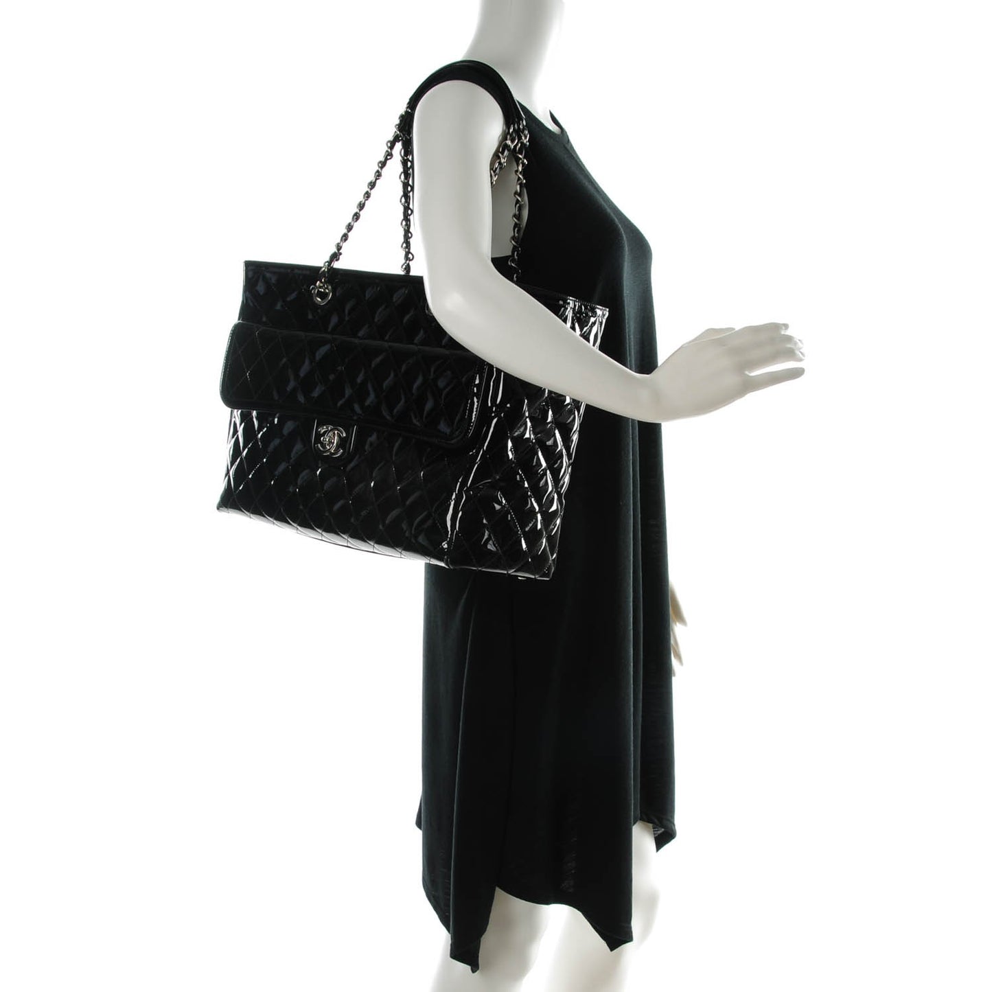 Patent Quilted Large Coco Shine Shopping Tote Black
