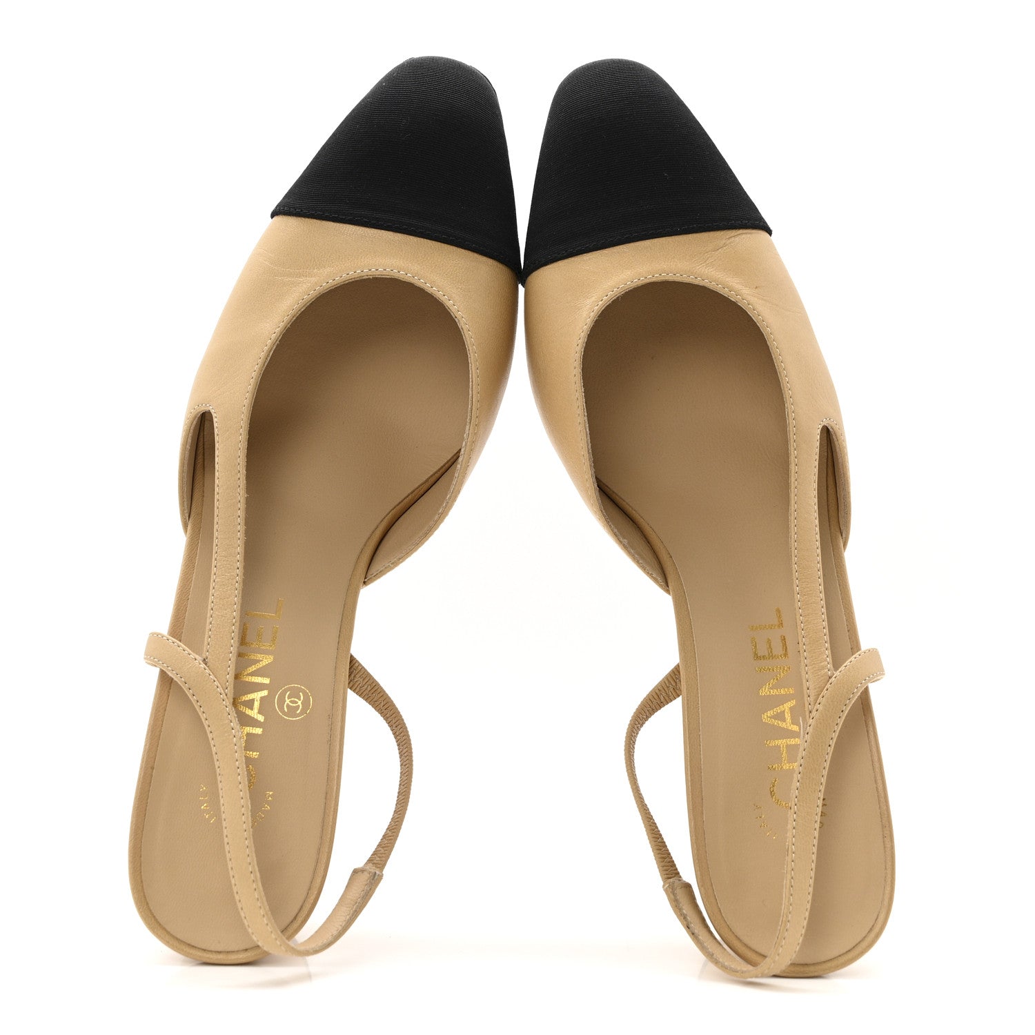Chanel Goatskin Grosgrain Cap Toe CC Slingback Pumps 38.5 Beige Black 2 of 13