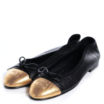 Chanel Calfskin CC Cap Toe Ballerina Flats Black Gold 38 3 of 8