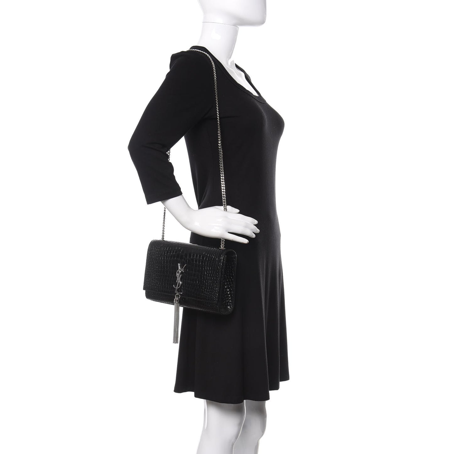 Calfskin Crocodile Embossed Medium Classic Monogram Kate Tassel Satchel Black