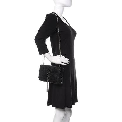 Saint Laurent Calfskin Crocodile Embossed Medium Classic Monogram Kate Tassel Satchel Black 2 of 9