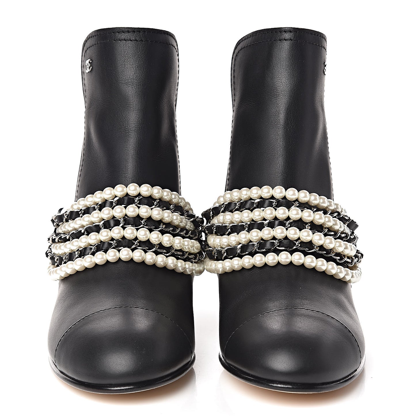 Calfskin Pearl Cap Toe Short Boots 41 Black