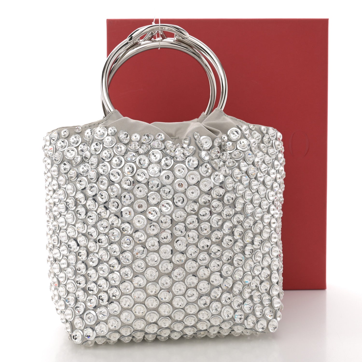 Valentino Garavani Satin Rhinestone Embellished Small Carry Secrets Bucket Bag Silver 10 of 10