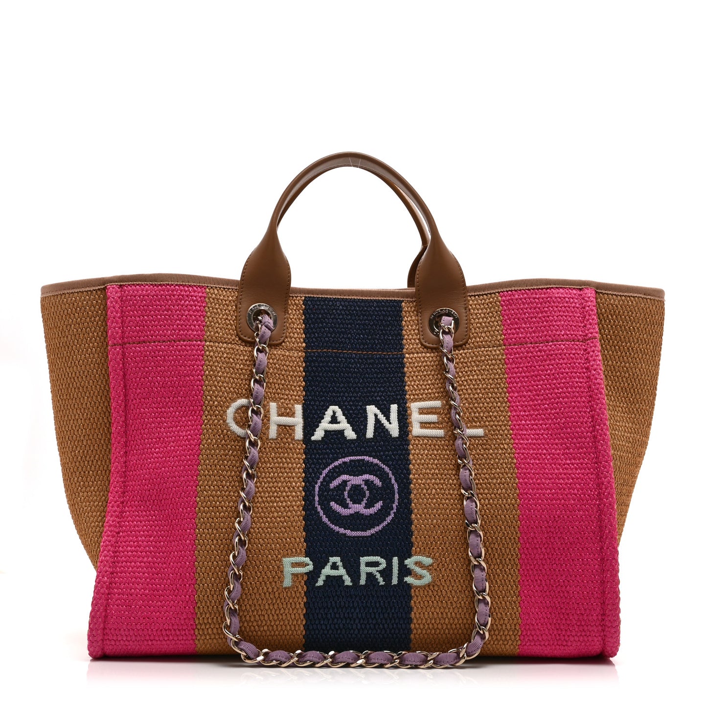 Straw Raffia Calfskin Striped Medium Deauville Tote Dark Beige Fuchsia Navy Blue