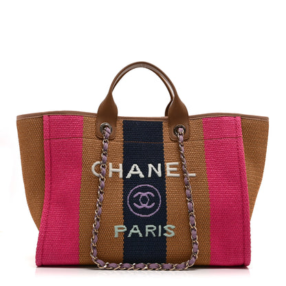 Chanel Straw Raffia Calfskin Striped Medium Deauville Tote Dark Beige Fuchsia Navy Blue 1 of 10