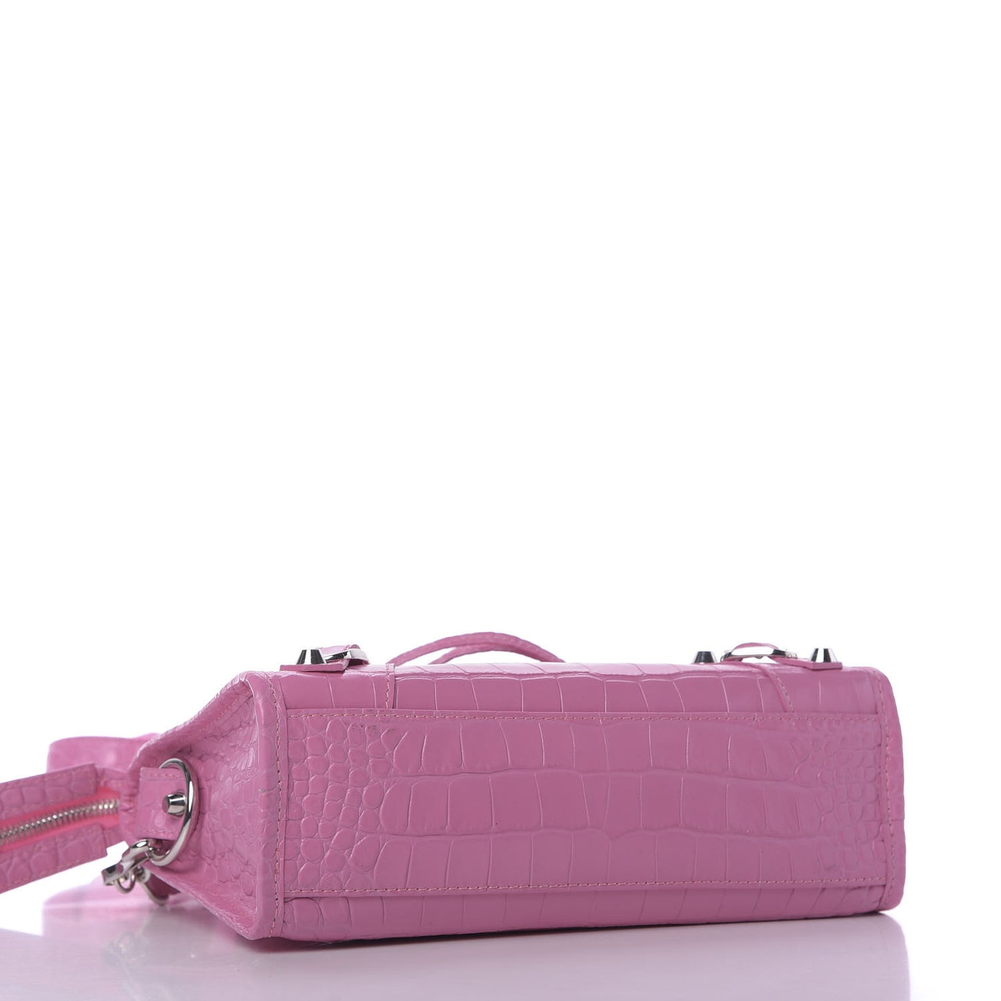 Shiny Supple Calfskin Crocodile Embossed Classic Silver Hardware Mini City Baby Pink