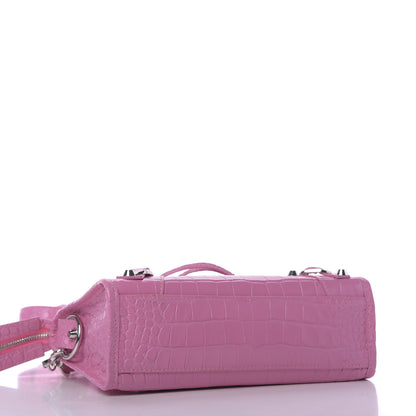 Balenciaga Shiny Supple Calfskin Crocodile Embossed Classic Silver Hardware Mini City Baby Pink 4 of 9