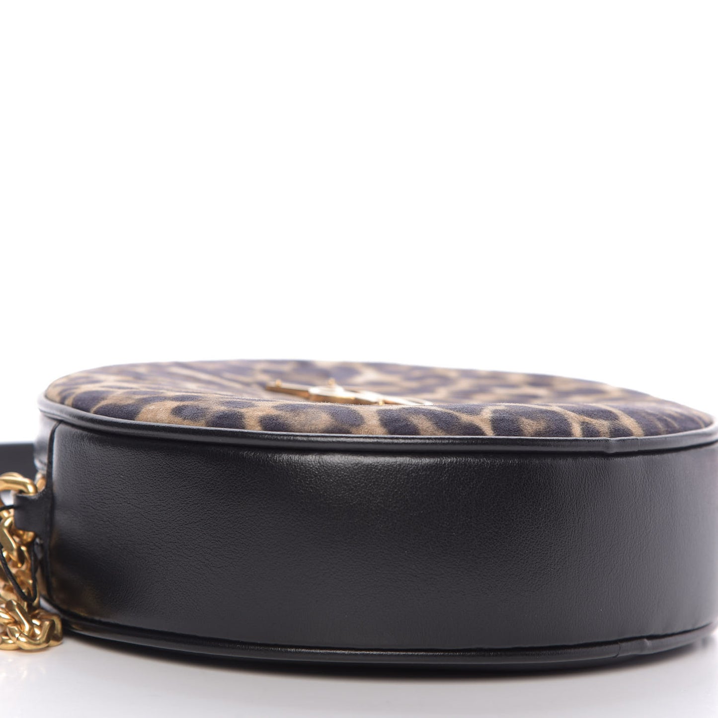 Smooth Calfskin Suede Leopard Print Round Vinyle Camera Bag Black