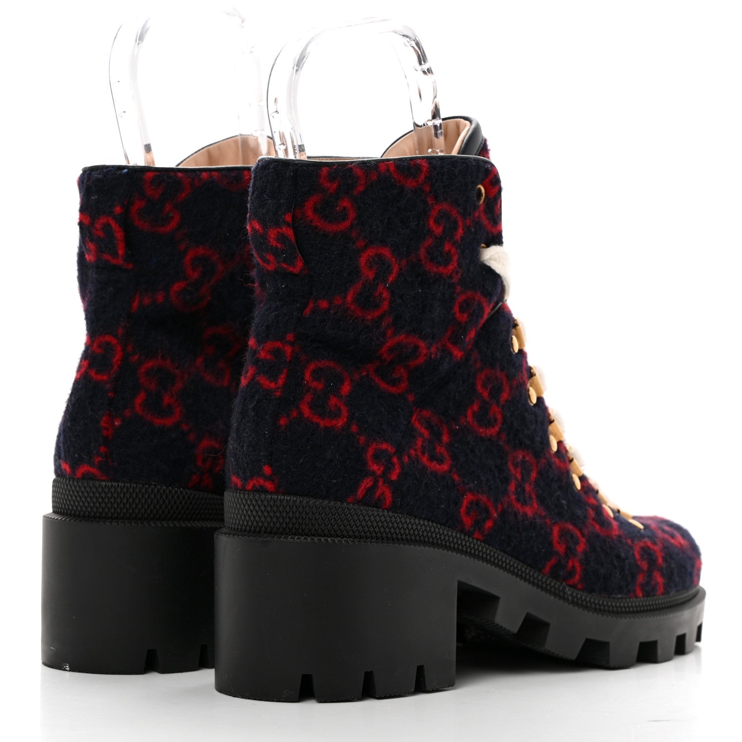 Gucci Covered Wool Big GG Monogram Womens Lace Up Combat Ankle Boots 38.5 Blue Red 4 of 10