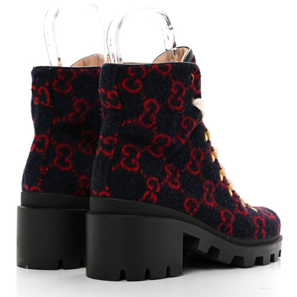 Gucci Covered Wool Big GG Monogram Womens Lace Up Combat Ankle Boots 38.5 Blue Red 4 of 10