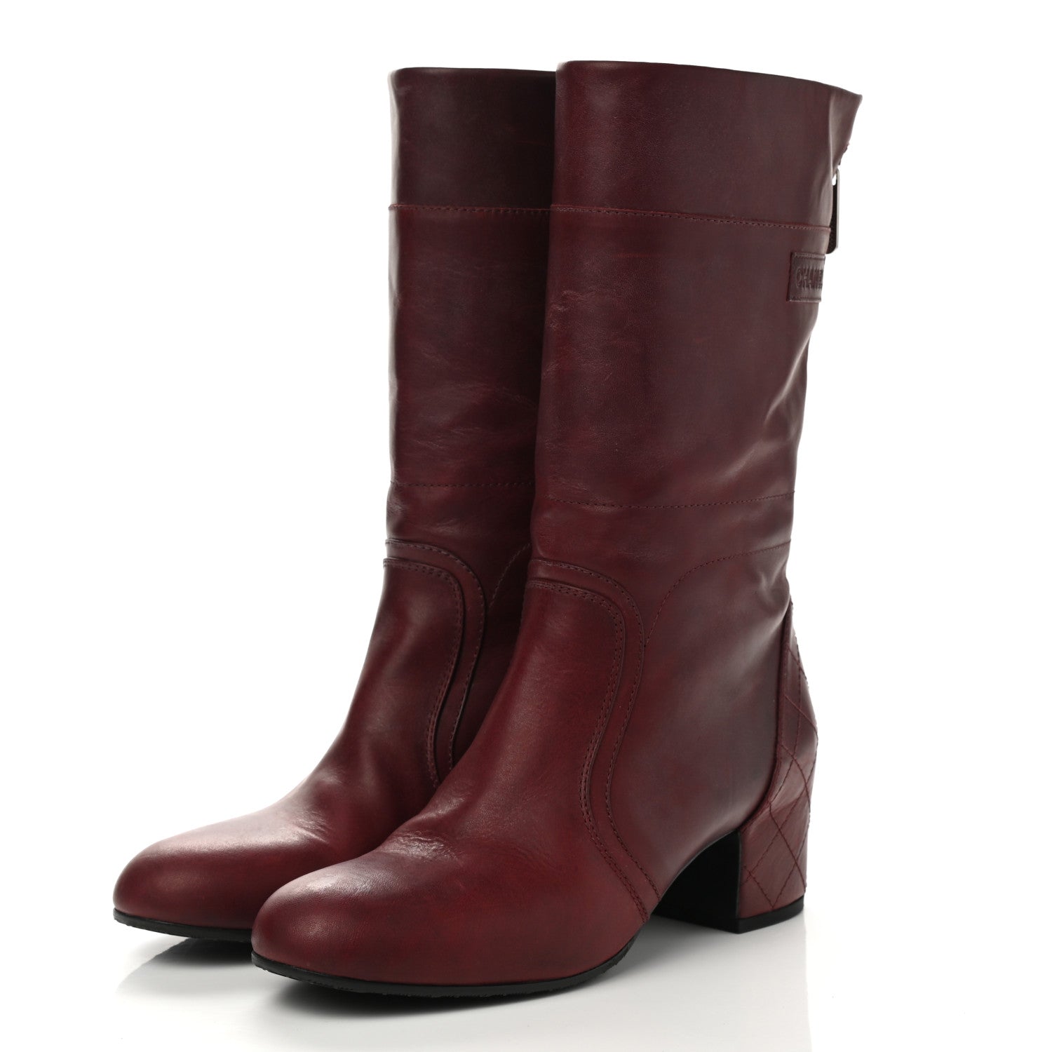 Chanel Calfskin Stitched Boots 39.5 Burgundy 3 of 8