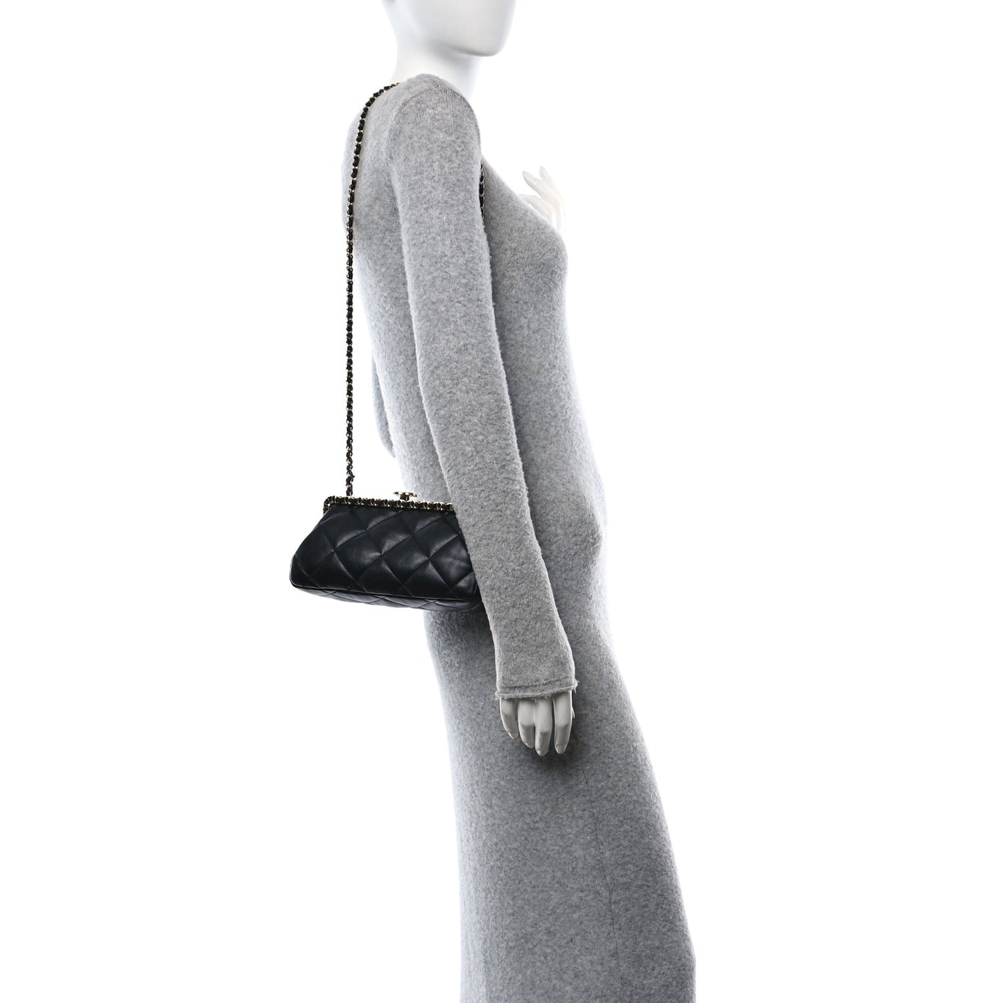 Lambskin Quilted Chain Frame Clutch Black