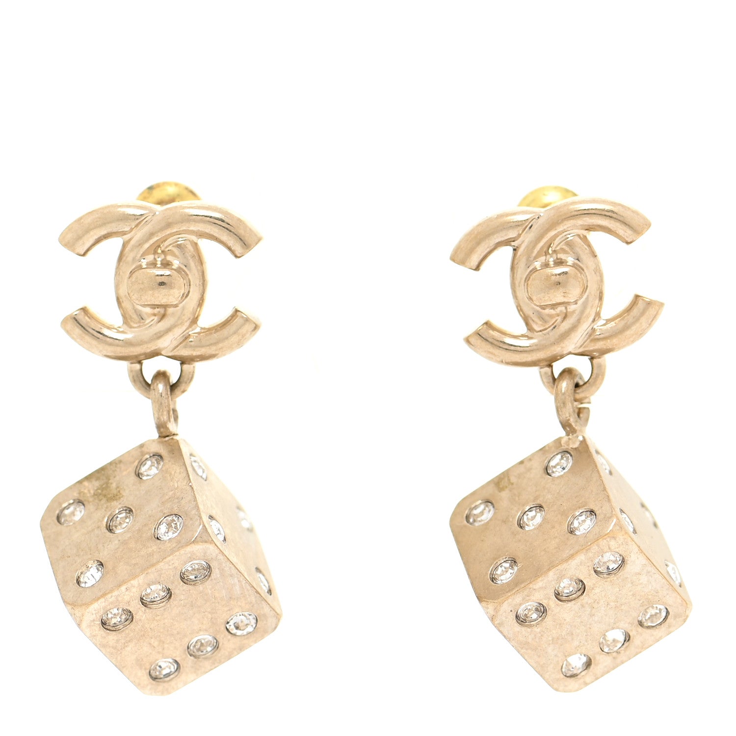 Chanel Crystal CC Turnlock Dice Drop Earrings Gold 1 of 6