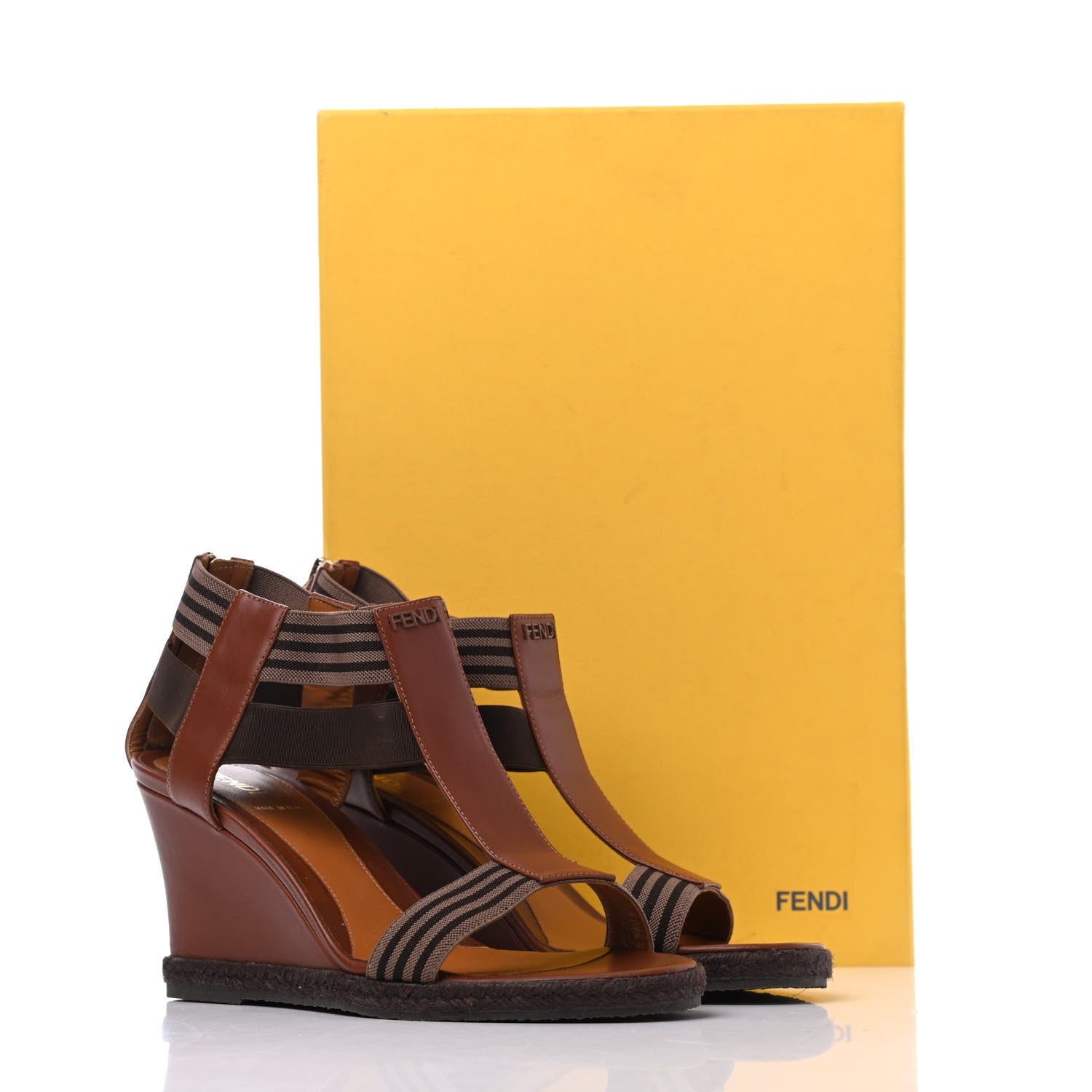 Fendi Calfskin Elastic T-Strap Wedge Sandals 36.5 Tobacco 14 of 14