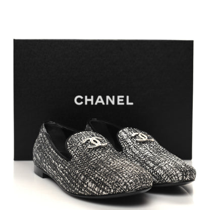 Chanel Fantasy Fabric Grosgrain CC Mocassin Loafers 36.5 Silver Black 11 of 11