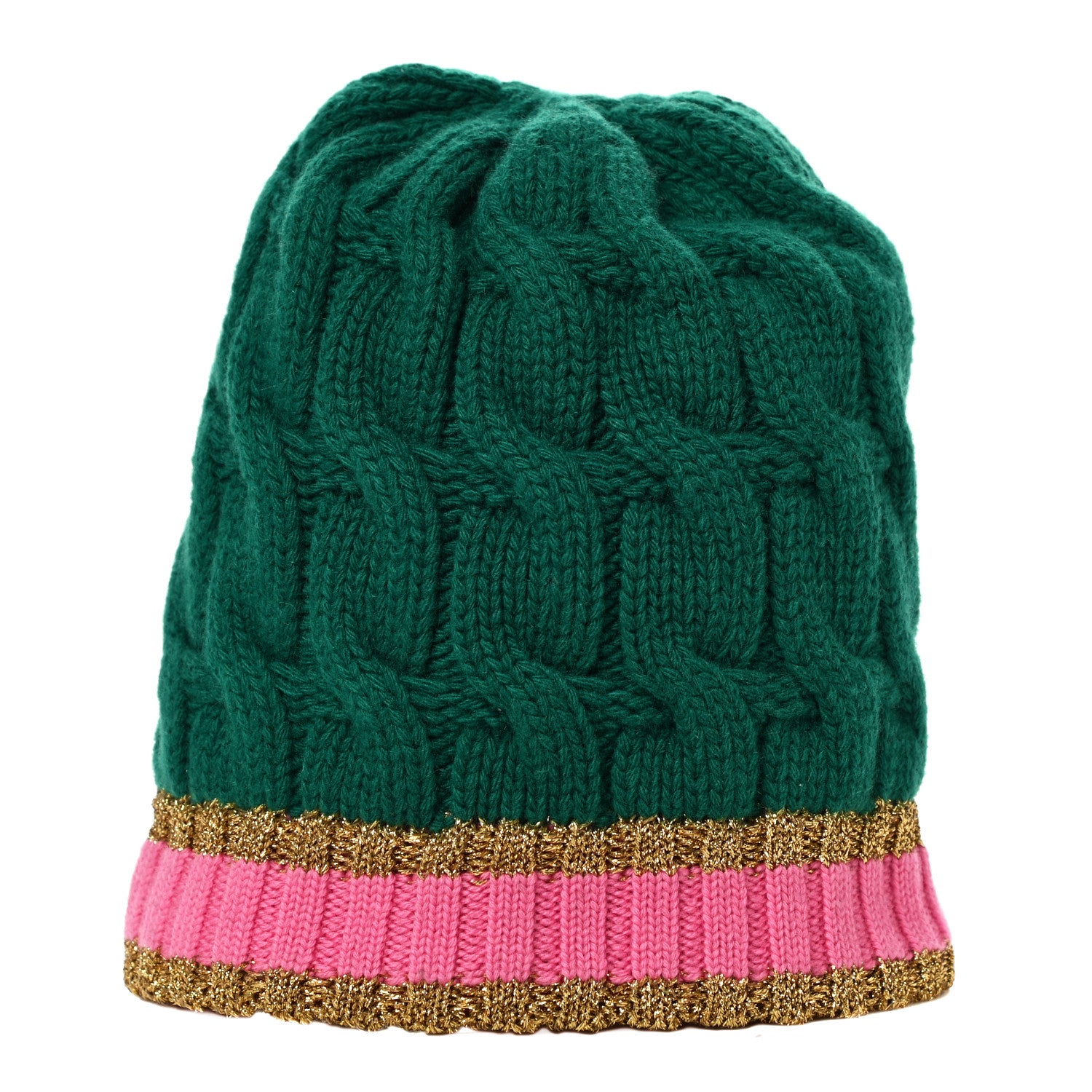Gucci Wool Cashmere Polyamide Cable Knit Bonhate Beanie Hat M Grass Green Pink 1 of 9
