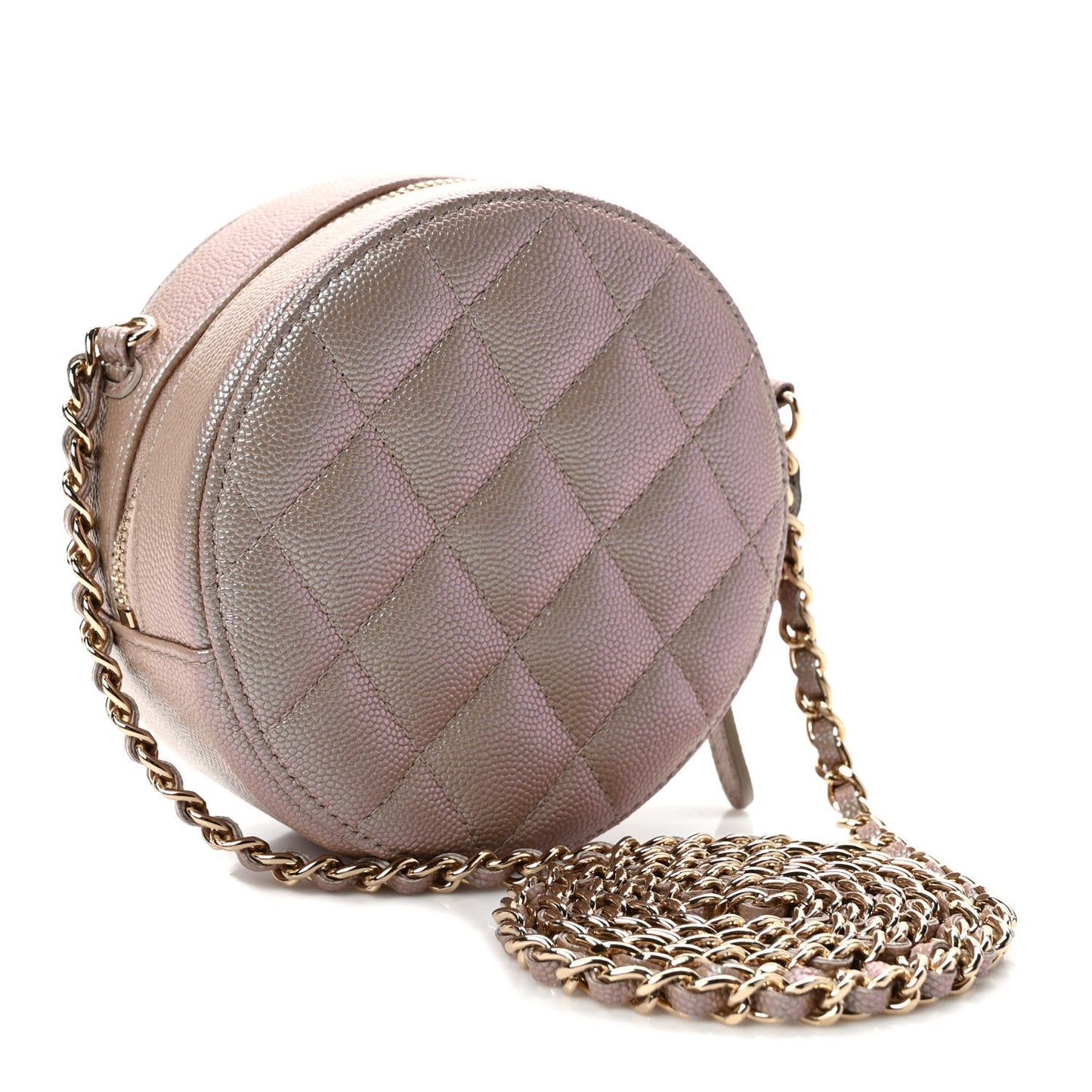 Iridescent Caviar Resin Quilted Round Clutch With Chain Beige