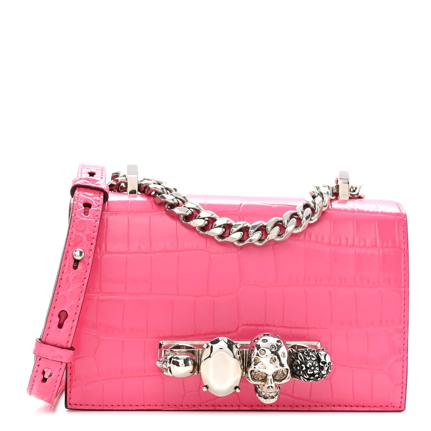 Alexander McQueen Shiny Crocodile Embossed Jeweled Satchel Peony Pink 1 of 10