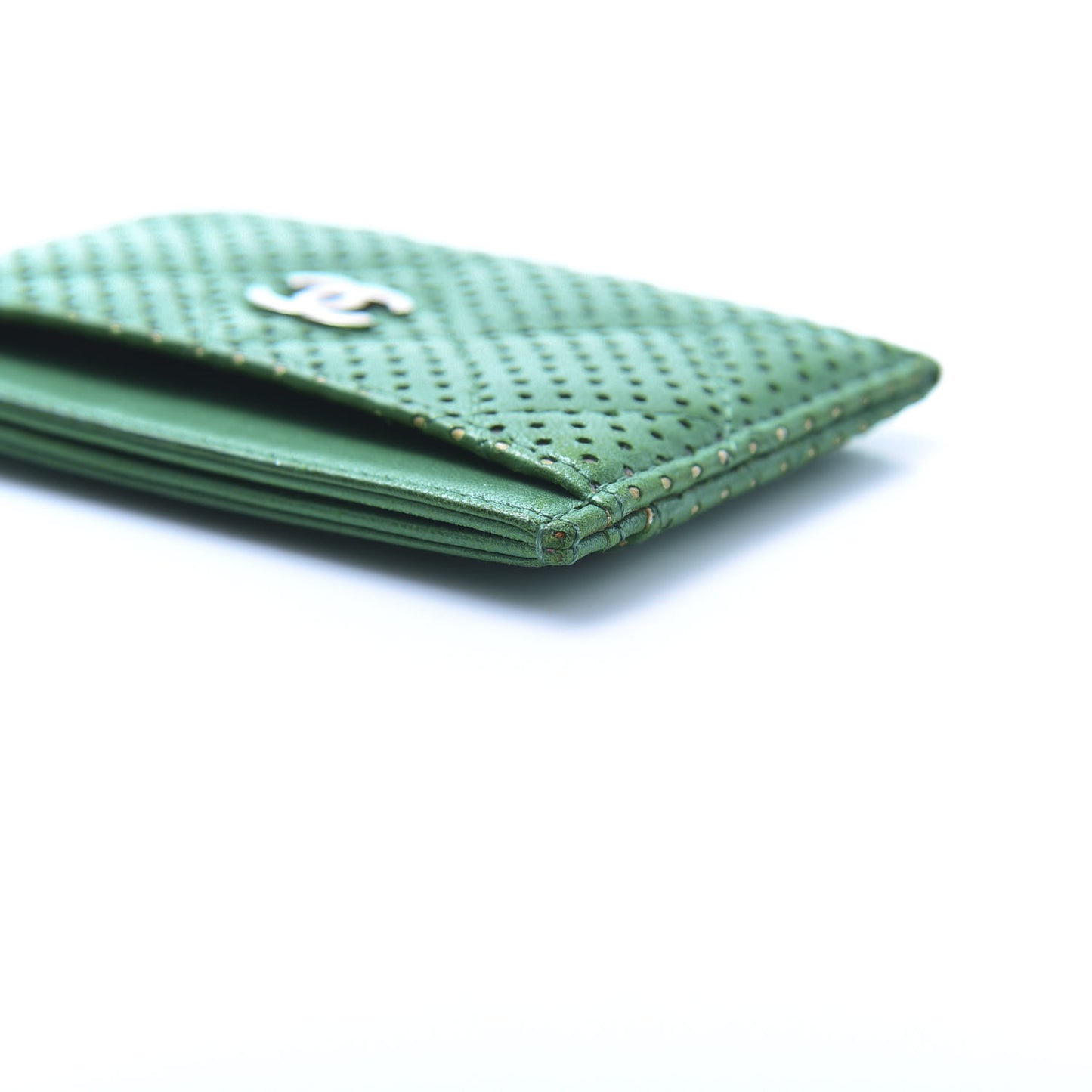 Perforated Lambskin Quilted Card Holder Green