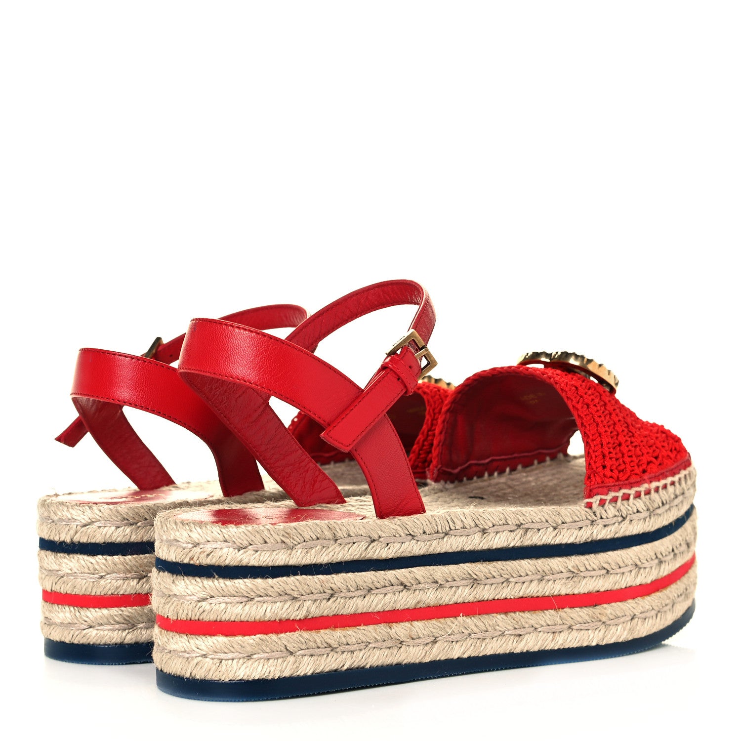 Gucci Cotton Malaga Kid Crochet Pearly GG Lilibeth Espadrille Platform Sandals 37 Hibiscus Red 4 of 10