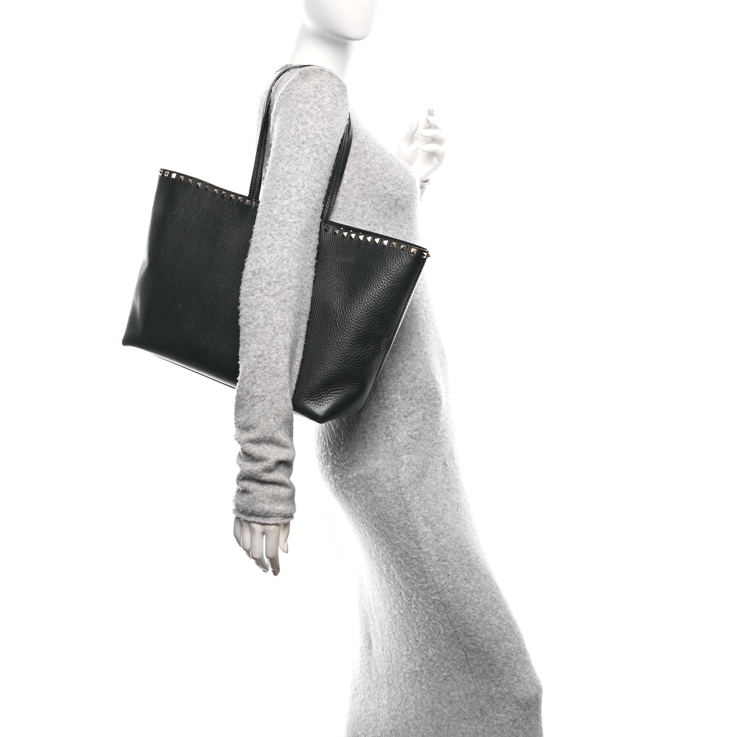Grained Calfskin Rockstud Shoulder Tote Black