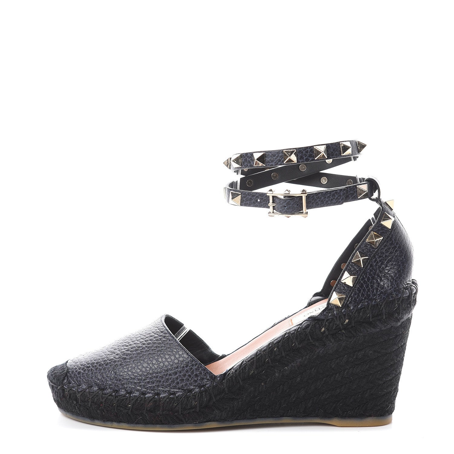 Valentino Garavani Grained Calfskin Rockstud Ankle Wrap Espadrille 15/85mm Wedges 35 Deep Denim 1 of 7