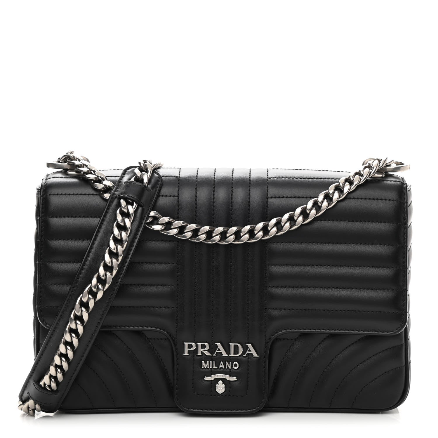 Prada Soft Calfskin Impunture Diagramme Large Chain Flap Shoulder Bag Black 1 of 12
