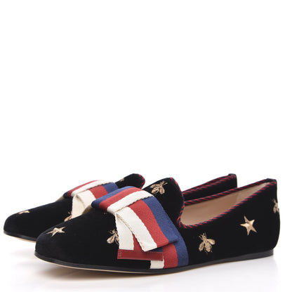 Gucci Velvet Bee Star Embroidered Sylvie Bow Loafers 36 Black 3 of 8