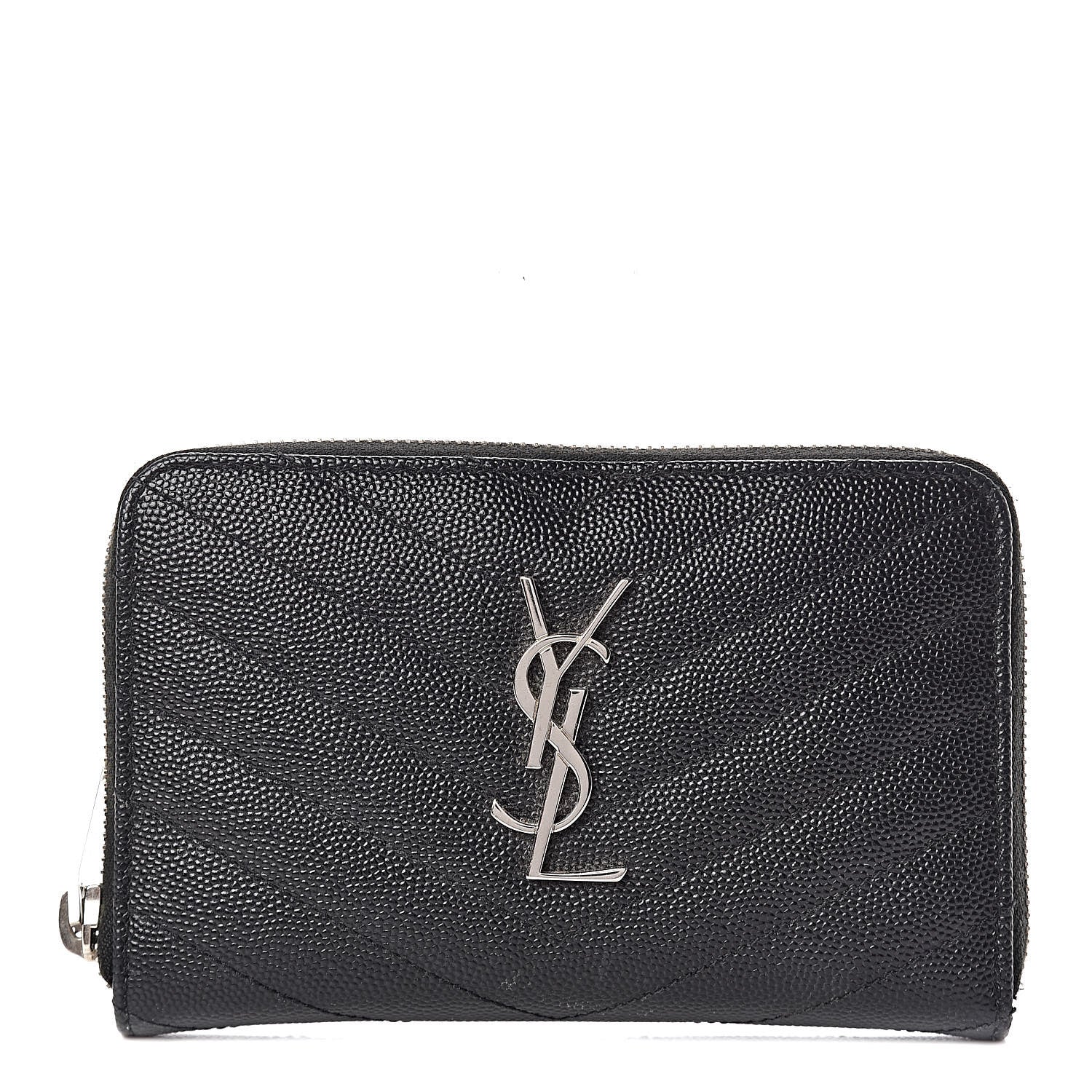 Saint Laurent Grain De Poudre Matelasse Chevron Monogram Zip Around Wallet Black 1 of 12