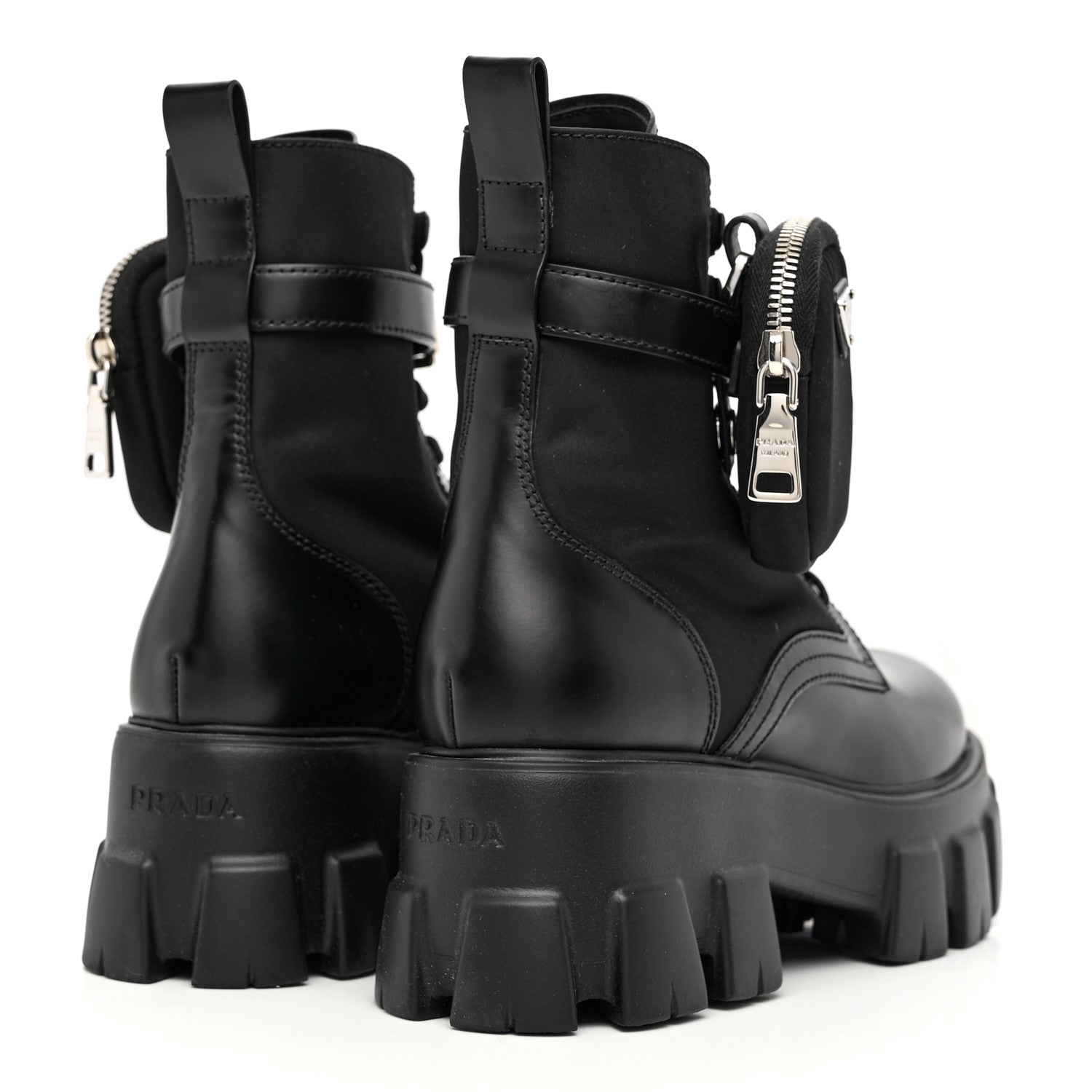 Prada Spazzolato Rois Re-Nylon Metal Triangle Logo Monolith Pouch Pocket 55mm Boots 38 Black 4 of 10