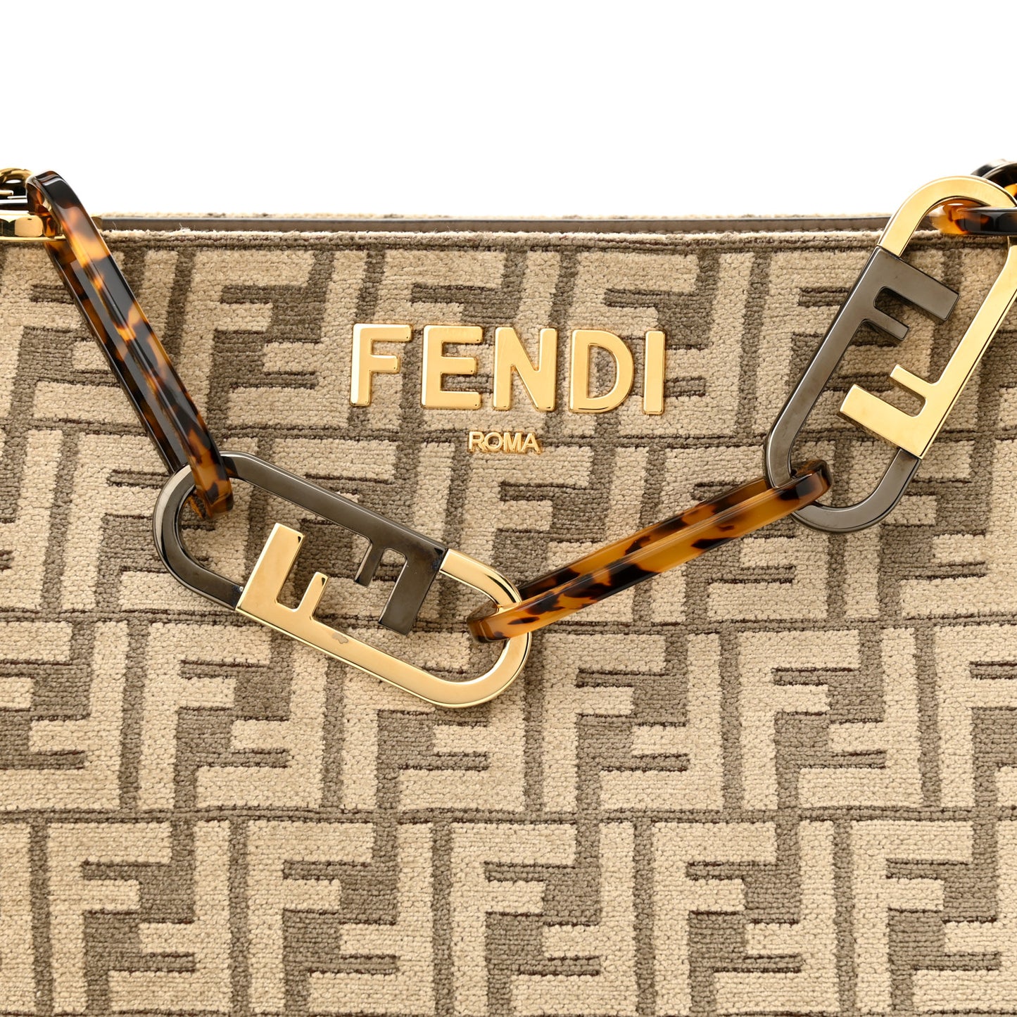 Chenille Vitello Seta Plexiglass FF Fendi O'Lock Zipper Tortora Nuvola