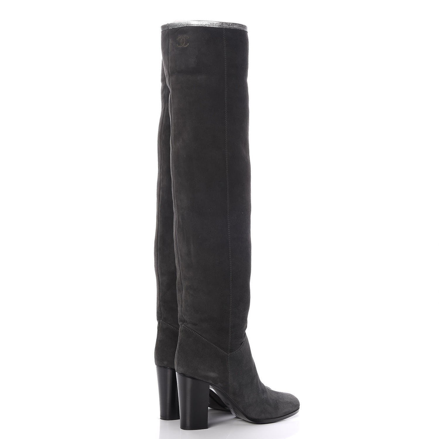 Chanel Suede Calfskin CC Knee High Boots 40.5 Grey Silver 4 of 7