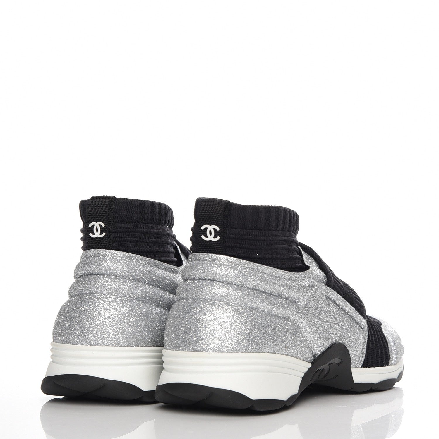 Chanel Glitter Stretch Trainers 37.5 Black Silver 3 of 9