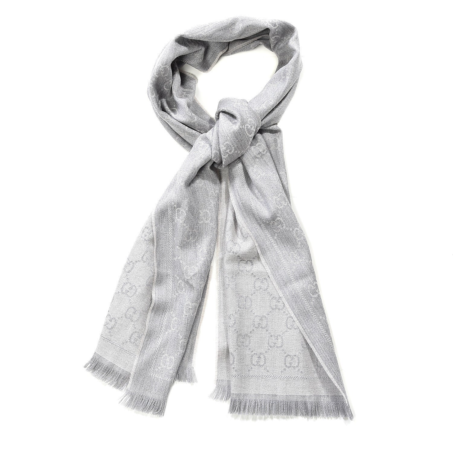 Gucci Wool Jacquard Monogram Fringe Scarf Grey 1 of 4
