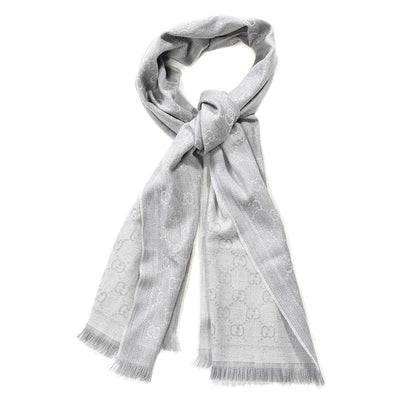 Gucci Wool Jacquard Monogram Fringe Scarf Grey 1 of 4