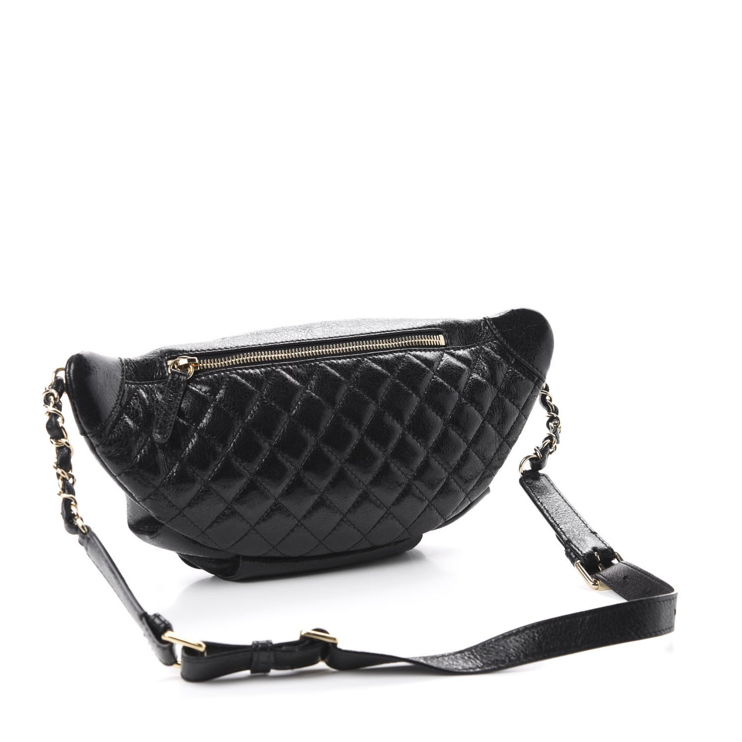 Crumpled Glazed Lambskin Quilted Waist Bag Fanny Pack Black