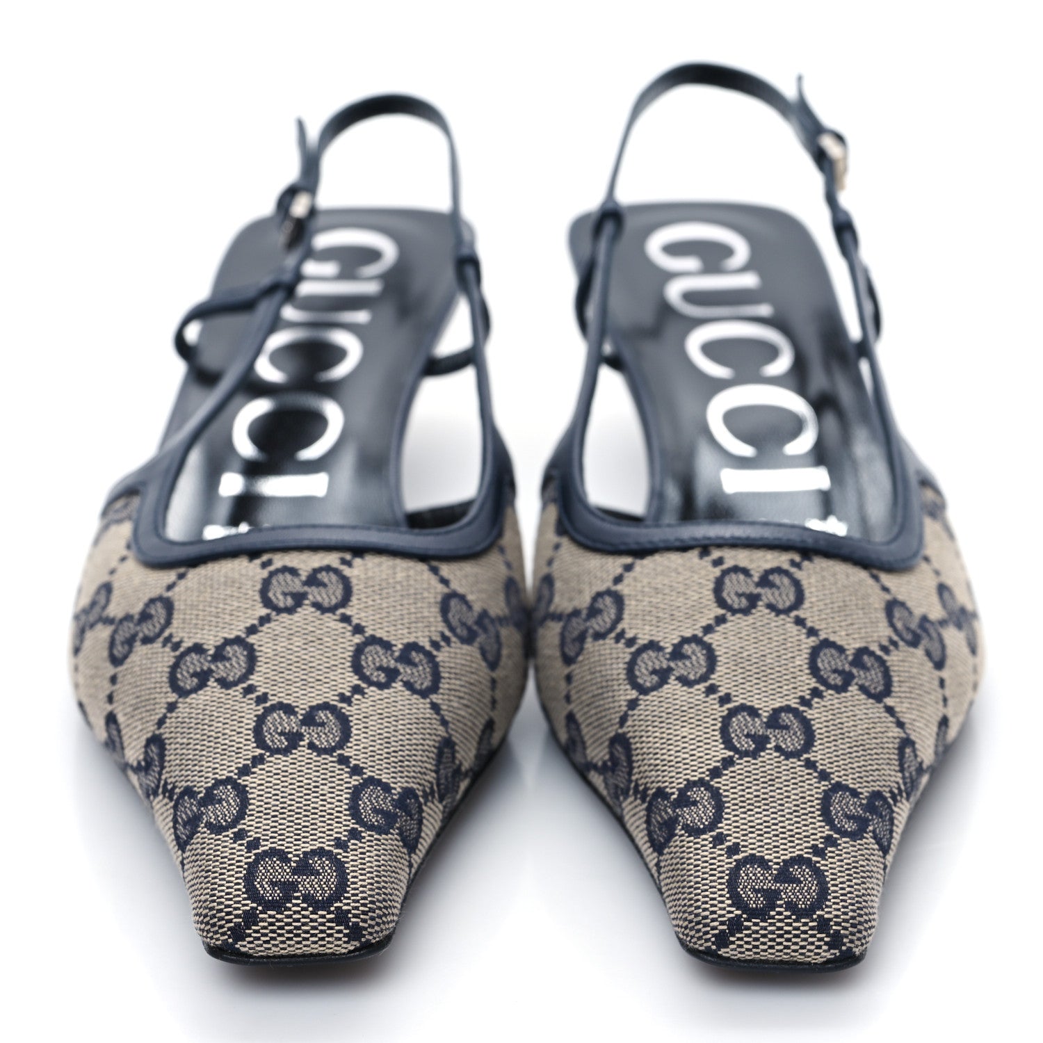 Gucci GG Monogram Malaga Kid Square G 35mm Slingback Pumps 38 Beige Blue 2 of 8