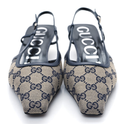 Gucci GG Monogram Malaga Kid Square G 35mm Slingback Pumps 38 Beige Blue 2 of 8