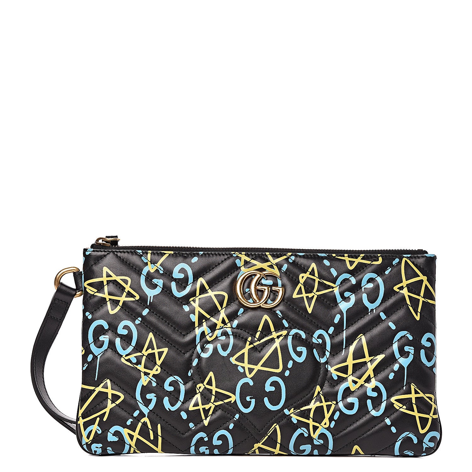 Gucci Calfskin Matelasse GucciGhost GG Marmont Clutch Black New Acquamarine 1 of 7