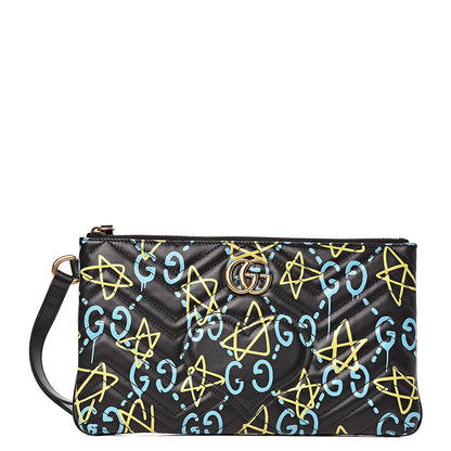 Gucci Calfskin Matelasse GucciGhost GG Marmont Clutch Black New Acquamarine 1 of 7